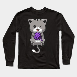 Cute Cat Playing Yarn Ball Cartoon Long Sleeve T-Shirt